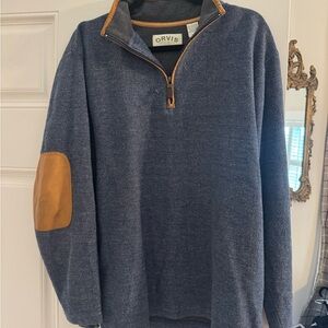 Orvis Men's Blue Sweater with Tan elbow pads